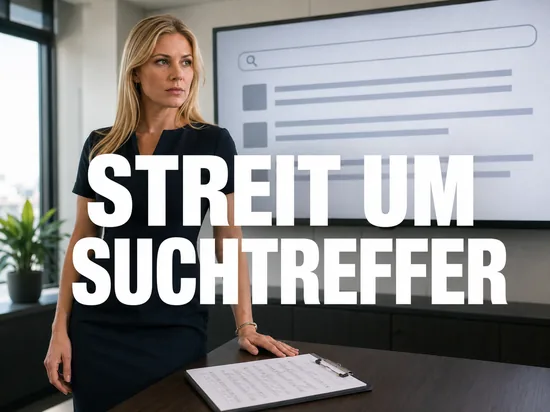 Blonde Geschäftsfrau vor einem Bildschirm mit Suchergebnisliste und einer Unterschriftenliste als Symbol für den Streit um Google-Suchtreffer