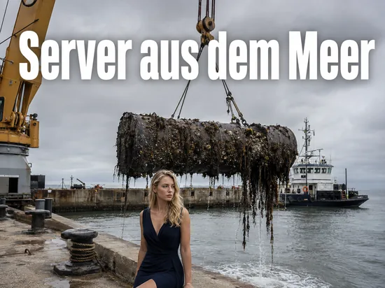 Algenbewachsener Rechenzentrums-Zylinder wird am Hafenkai aus dem Wasser gehoben