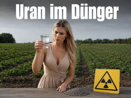 Glas Trinkwasser, Duengergranulat und ein gelbes Radioaktiv-Warnschild an einem Ackerfeld, davor eine Frau die das Wasser prueft
