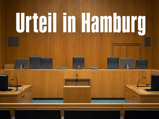 Leerer Gerichtssaal mit Richterhammer und Aktenmappe