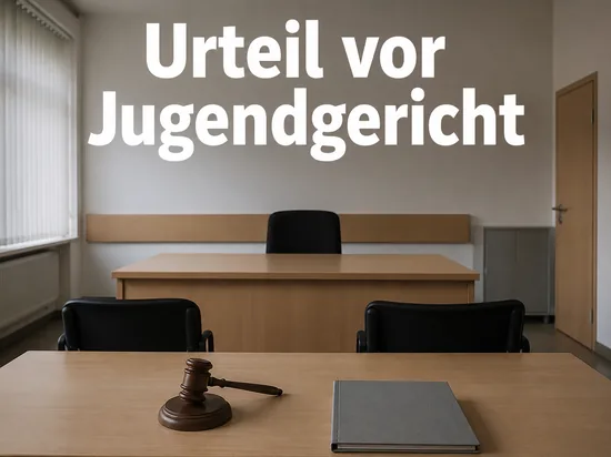 Leerer Verhandlungsraum eines Jugendgerichts mit Richterhammer und Aktenmappe