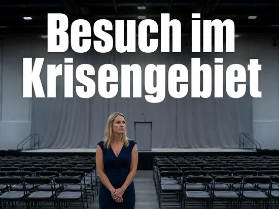 Frau in einer leeren Halle vor einer Bühne mit Rednerpult und Stuhlreihen