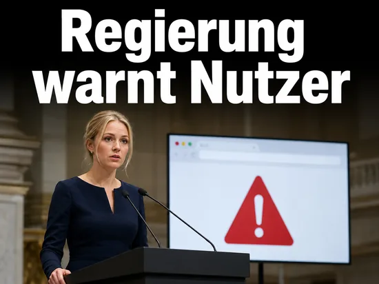 Geschaeftsfrau am Rednerpult vor einem Bildschirm mit rotem Warndreieck im Browserfenster als Symbol fuer die Regierungswarnung vor dem Internet Explorer
