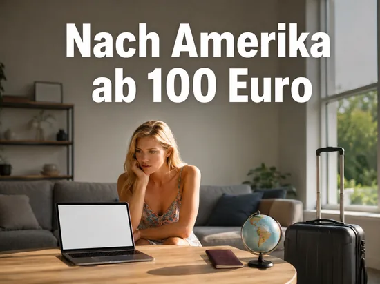 Frau am Laptop mit Globus, Reisepass und Koffer, Schriftzug Nach Amerika ab 100 Euro