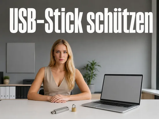 Blonde Frau am hellen Schreibtisch mit USB-Stick, kleinem Vorhängeschloss und aufgeklapptem Laptop