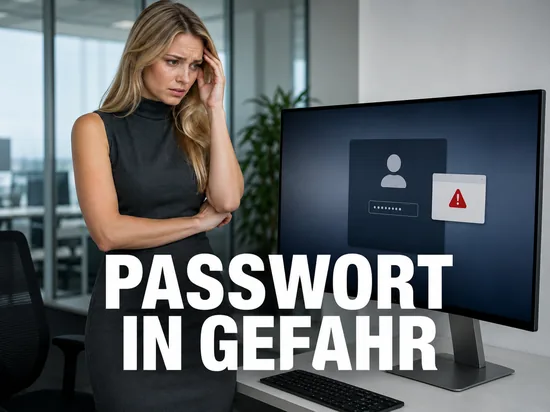 Blonde Frau blickt besorgt auf Monitor mit Anmeldemaske und Warnhinweis, Schriftzug Passwort in Gefahr