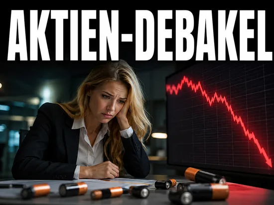 Enttaeuschte blonde Geschaeftsfrau vor fallendem Aktienkurs, Symbolbild Verluste fuer Aktionaere