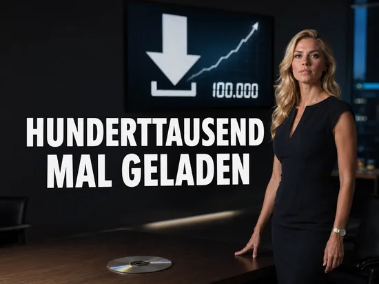 Blonde Geschäftsfrau vor einem Bildschirm mit Download-Pfeil und steigendem Zähler neben einer CD als Symbol für hunderttausendfach heruntergeladene Inhalte