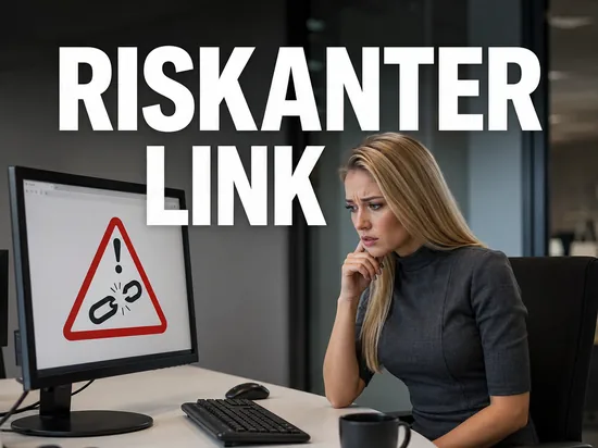 Blonde Geschaeftsfrau blickt besorgt auf Monitor mit Warndreieck und zerbrochenem Kettenglied, Schriftzug Riskanter Link