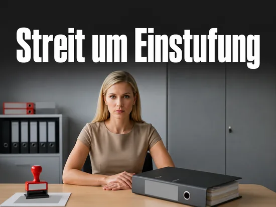 Frau sitzt an einem Behoerdenschreibtisch mit Aktenordner und Stempel