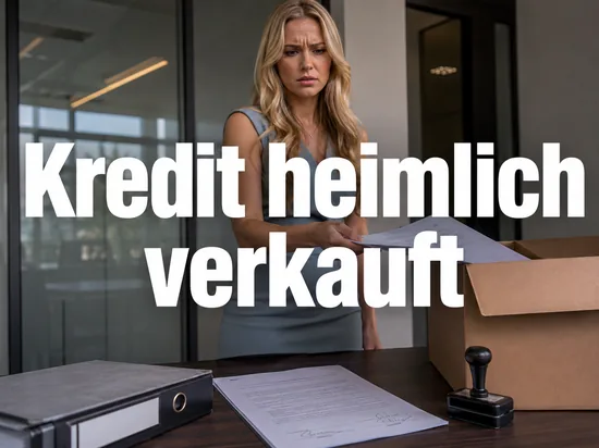 Kreditvertrag mit Unterschrift, Aktenordner und Stempel auf einem Schreibtisch, daneben ein Karton mit Vertraegen, davor eine Frau mit besorgtem Blick