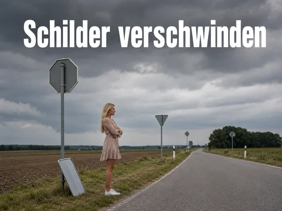 Frau an einer Landstrasse neben abmontierten Verkehrsschildern: 22 Verkehrszeichen sollen verschwinden