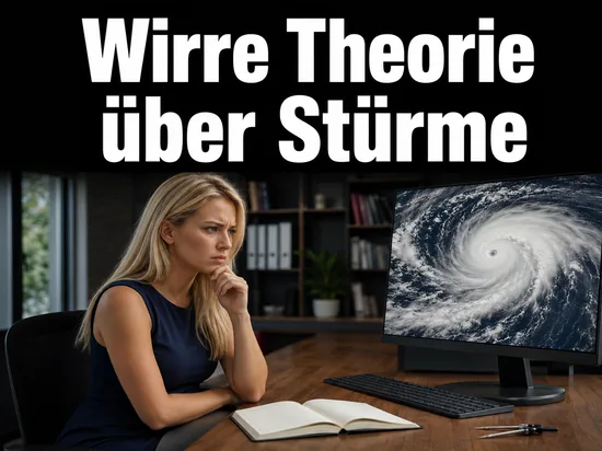 Frau vor Monitor mit Satellitenbild eines Wirbelsturms, Schriftzug Wirre Theorie ueber Stuerme