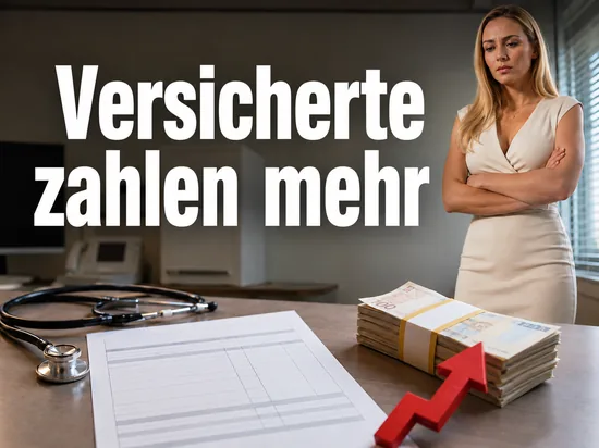 Stethoskop, Aerzte-Honorarabrechnung, Geldbuendel und roter Pfeil nach oben auf einem Schreibtisch, davor eine Frau