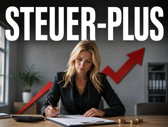 Ernste blonde Geschaeftsfrau am Schreibtisch mit Versicherungsvertrag, Taschenrechner und Euro-Muenzen vor steigendem rotem Pfeil, Symbolbild steigende Versicherungssteuer