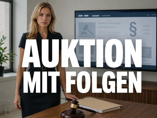 Blonde Geschäftsfrau an einem Tisch mit Auktionshammer und Akte vor einem Bildschirm mit Paragrafenzeichen als Symbol für Ermittlungen nach einer Internet-Auktion