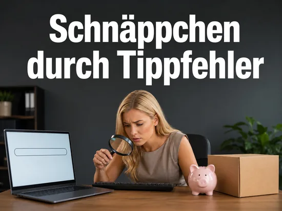 Frau mit Lupe am Laptop neben Sparschwein und Paket, Schriftzug Schnaeppchen durch Tippfehler