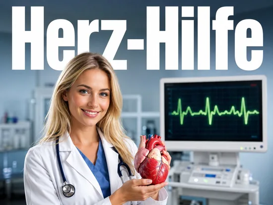 Junge blonde Aerztin haelt ein Herz-Modell vor einem EKG-Monitor als Symbol fuer eine neue Herztherapie