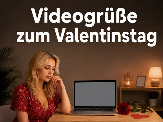 Laptop mit Webcam, rote Rose und Papierherz auf einem Tisch als Symbol fuer Video-Valentinsgruesse