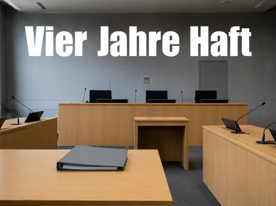 Nuechterner Verhandlungssaal mit Richtertisch und Aktenmappe