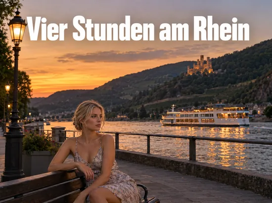 Frau sitzt auf einer Bank an der Rheinpromenade, im Hintergrund ein Ausflugsschiff