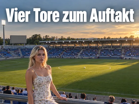 Frau im Kleid steht an der Balustrade eines Stadions im Abendlicht