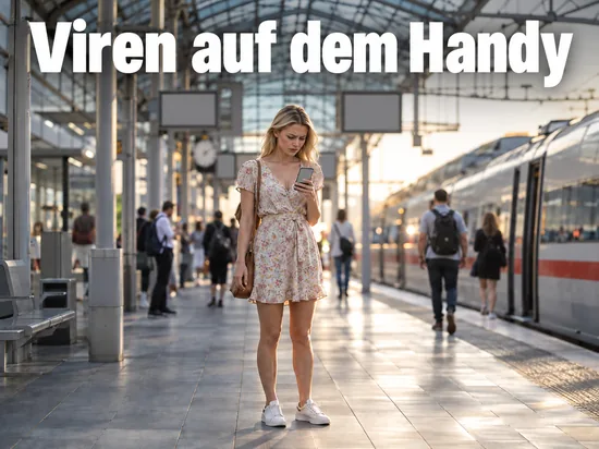 Frau blickt auf einem Bahnsteig stirnrunzelnd auf ihr Smartphone