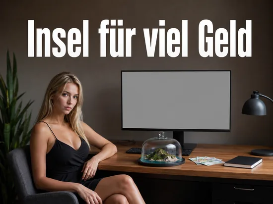 Schreibtisch mit Bildschirm, Inselmodell unter Glasglocke und Geldscheinen