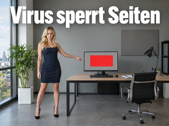 Frau zeigt in einem Büro auf einen Monitor mit einem roten Warnfenster