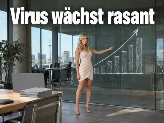 Frau zeigt in einem Büro auf einen steil ansteigenden Pfeil an einer Glaswand