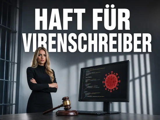 Blonde Frau vor Monitor mit Programmcode und Virus-Symbol neben Gerichtshammer, Schriftzug Haft fuer Virenschreiber
