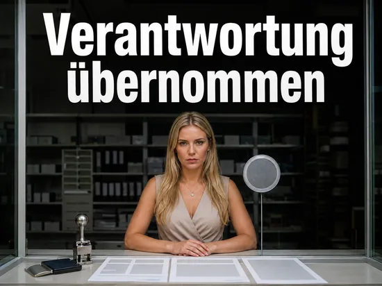 Frau sitzt an einem Konsulatsschalter mit Stempel und Antragsformularen