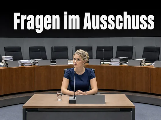 Frau sitzt am Zeugentisch eines Untersuchungsausschusses vor leeren Abgeordnetenplaetzen