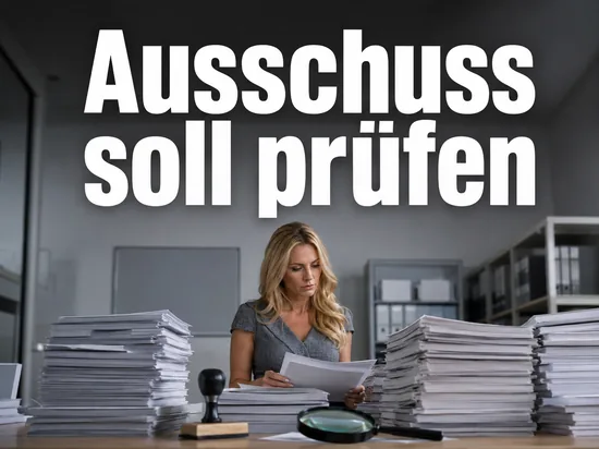 Frau sitzt an einem Tisch mit hohen Aktenstapeln und einer Lupe