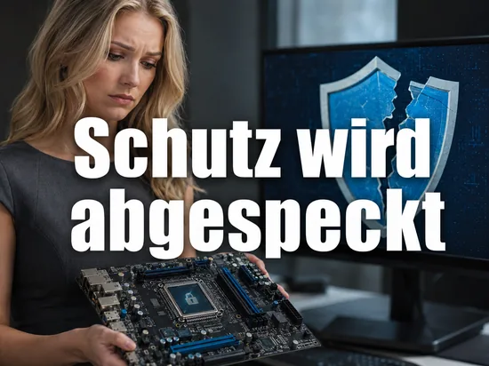 Geschaeftsfrau mit Hauptplatine und Sicherheitschip vor einem Monitor mit zerbrochenem Schutzschild als Symbol fuer abgespeckte Sicherheitsfunktionen in Windows Vista