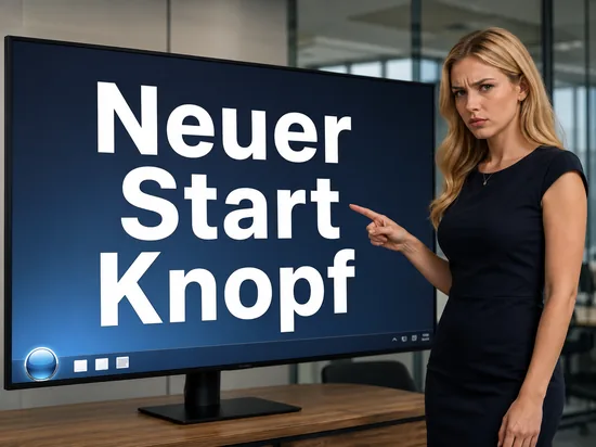 Geschaeftsfrau zeigt auf einen Monitor mit Desktop und rundem Startknopf in der Taskleiste als Symbol fuer den neuen Startbutton in Windows Vista