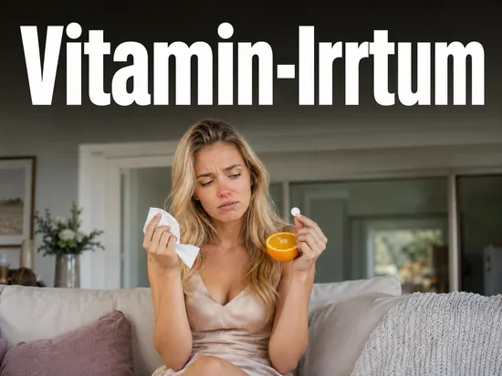 Junge blonde Frau mit Erkaeltung betrachtet skeptisch eine Vitamin-C-Tablette und eine Orange