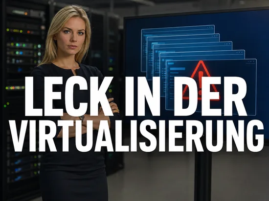 Geschaeftsfrau im Serverraum vor Monitor mit gestapelten Fenstern virtueller Maschinen und rotem Warndreieck