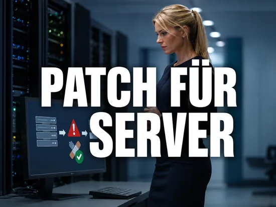 Geschaeftsfrau im Serverraum vor einem Monitor mit Server-Symbolen, Warndreieck und Patch-Symbol