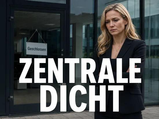 Betrübte Geschäftsfrau vor einem leergeräumten Bürogebäude mit Geschlossen-Schild, Symbolbild für die Schließung der Vobis-Zentrale