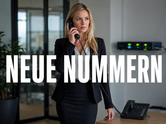 Blonde Geschaeftsfrau telefoniert im Buero neben einem Netzwerk-Router, Schriftzug Neue Nummern