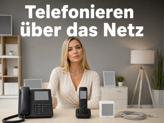 Blonde Frau an einem Tisch mit Tischtelefon, schnurlosem Mobilteil, kleinem Adapter und Netzwerkkabel