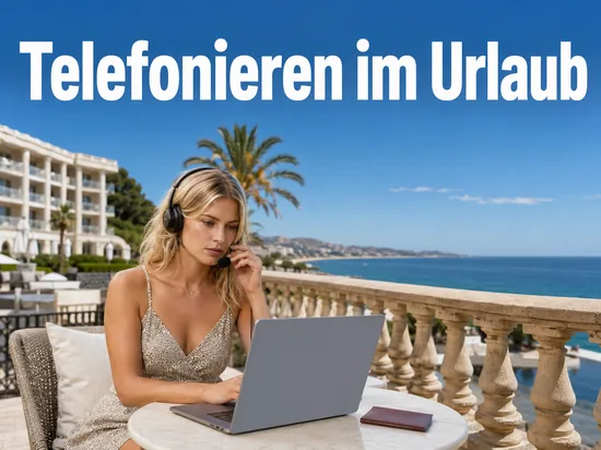 Blonde Frau mit Headset am Laptop auf einer Hotelterrasse am Meer