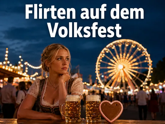 Frau im Dirndl am Volksfesttisch vor dem Riesenrad, Schriftzug Flirten auf dem Volksfest