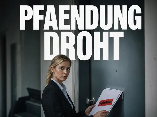 Gerichtsvollzieher und Pfändung drohen, ernste Geschäftsfrau mit amtlichem Bescheid an einer Wohnungstür