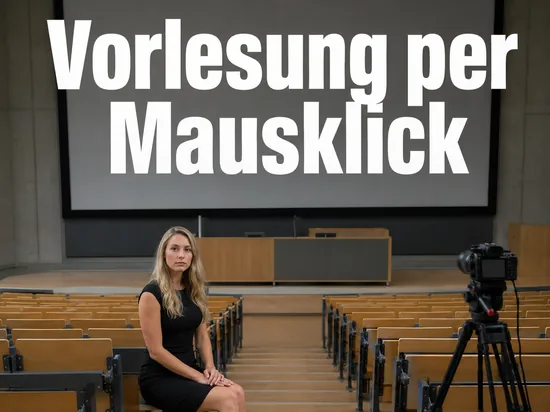 Studentin in einem leeren Hörsaal mit Kamera und Projektionsfläche