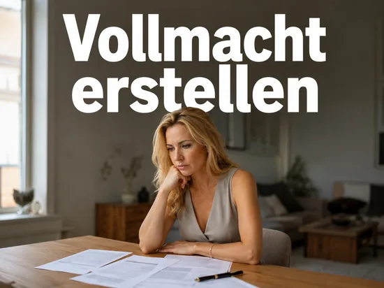 Frau mit ernstem Blick sitzt am Tisch vor Vorsorgeunterlagen und Füllfederhalter
