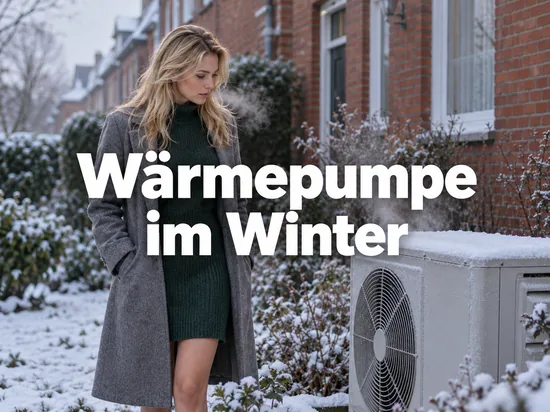 Blonde Frau im grünen Strickkleid und grauen Mantel neben einer verschneiten Wärmepumpe vor einem Bremer Backsteinhaus, Schriftzug Wärmepumpe im Winter