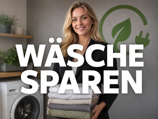 Geschäftsfrau mit einem Stapel gefalteter Wäsche vor einer Waschmaschine und grünem Energiespar-Symbol, Symbolbild für Energiesparen beim Wäschewaschen