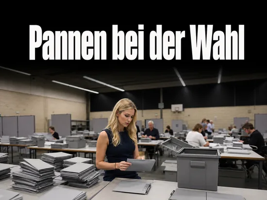 Frau prueft Stimmzettel an einem Auszaehlungstisch in einer Turnhalle